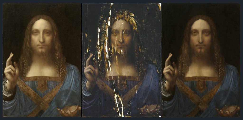 An image illustrating the different phases involved in the restoration of a painting, from initial assessment to final touches.